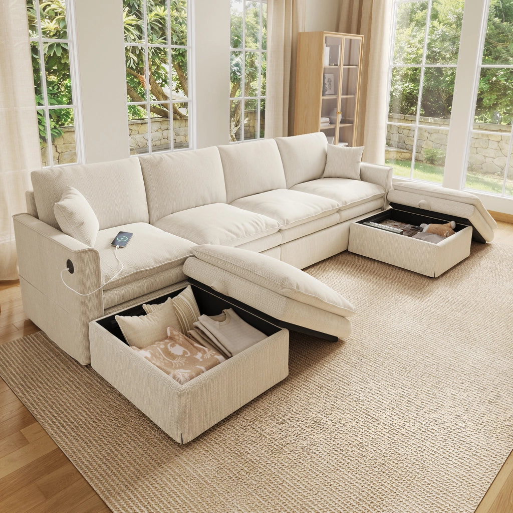Divano modulare angolare ULEVR 6 posti 277x135x80 cm a U/L con 2 pouf contenitore, USB e Type-C, beige