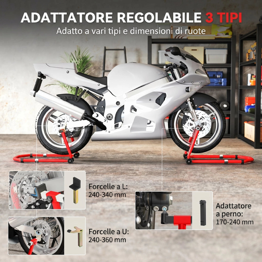 Cavalletto Moto Anteriore e Posteriore 390 kg, Forcelle a U e L, Supporto Alzamoto Regolabile e Robusto per Garage e Officina, Rosso