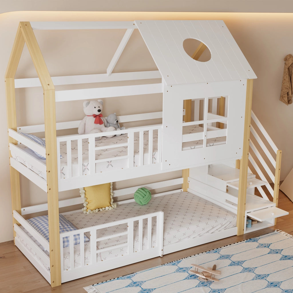 OKWISH Letto a Castello 90×200 cm, Letto Singolo con Scala Contenitore, Sponde e Design a Casetta, senza Materasso, Bianco Naturale