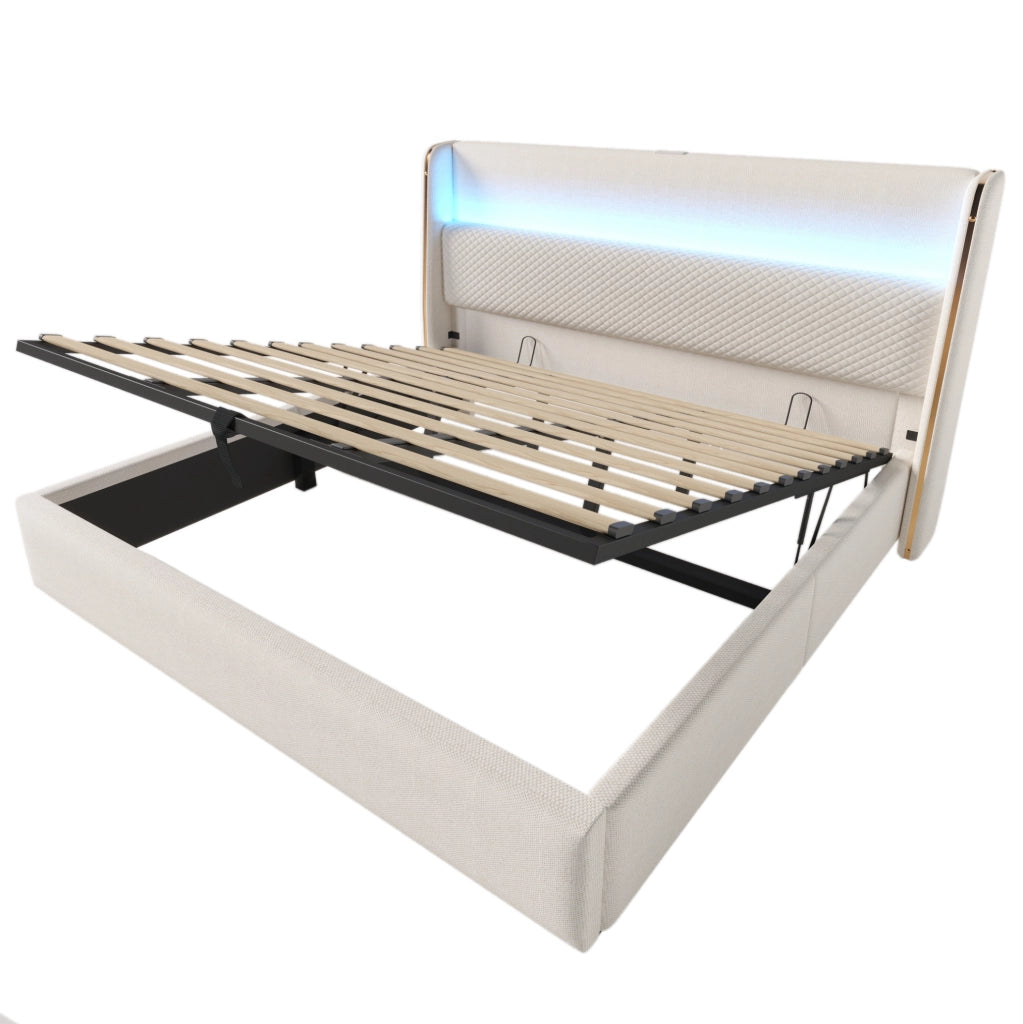Letto idraulico 180x200 cm in lino beige con LED, contenitore e materasso