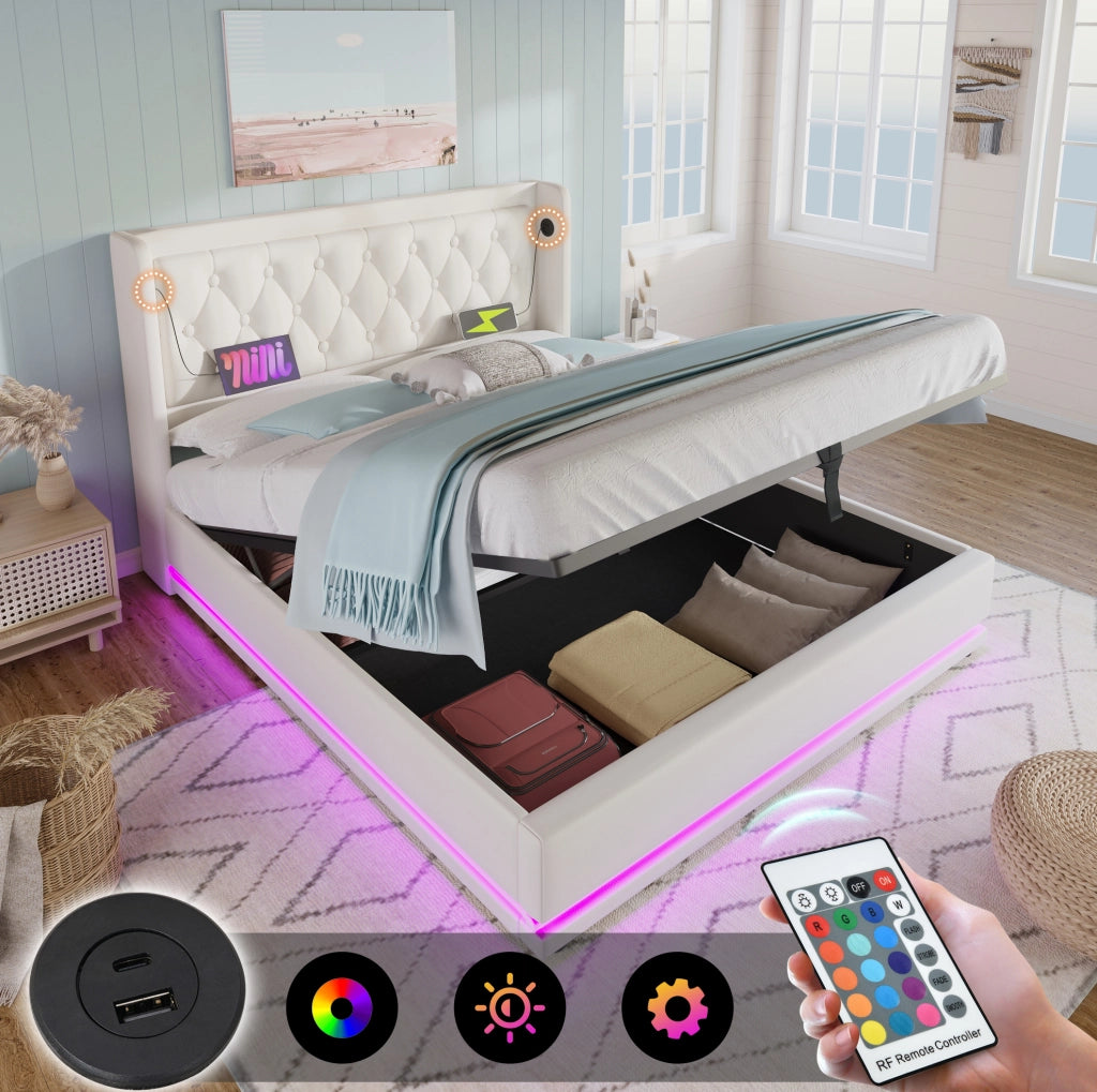 Letto matrimoniale 160x200 cm con contenitore; LED e USB-C; in PU bianco