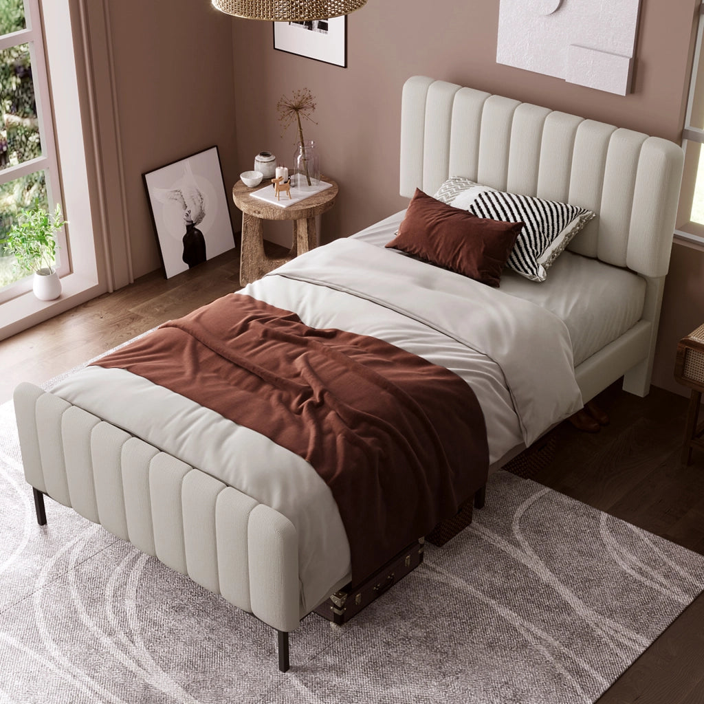 Letto imbottito 90 x 190 cm; letto singolo con rete a doghe; testiera regolabile; struttura in legno; rivestimento in lino; grigio-beige chiaro
