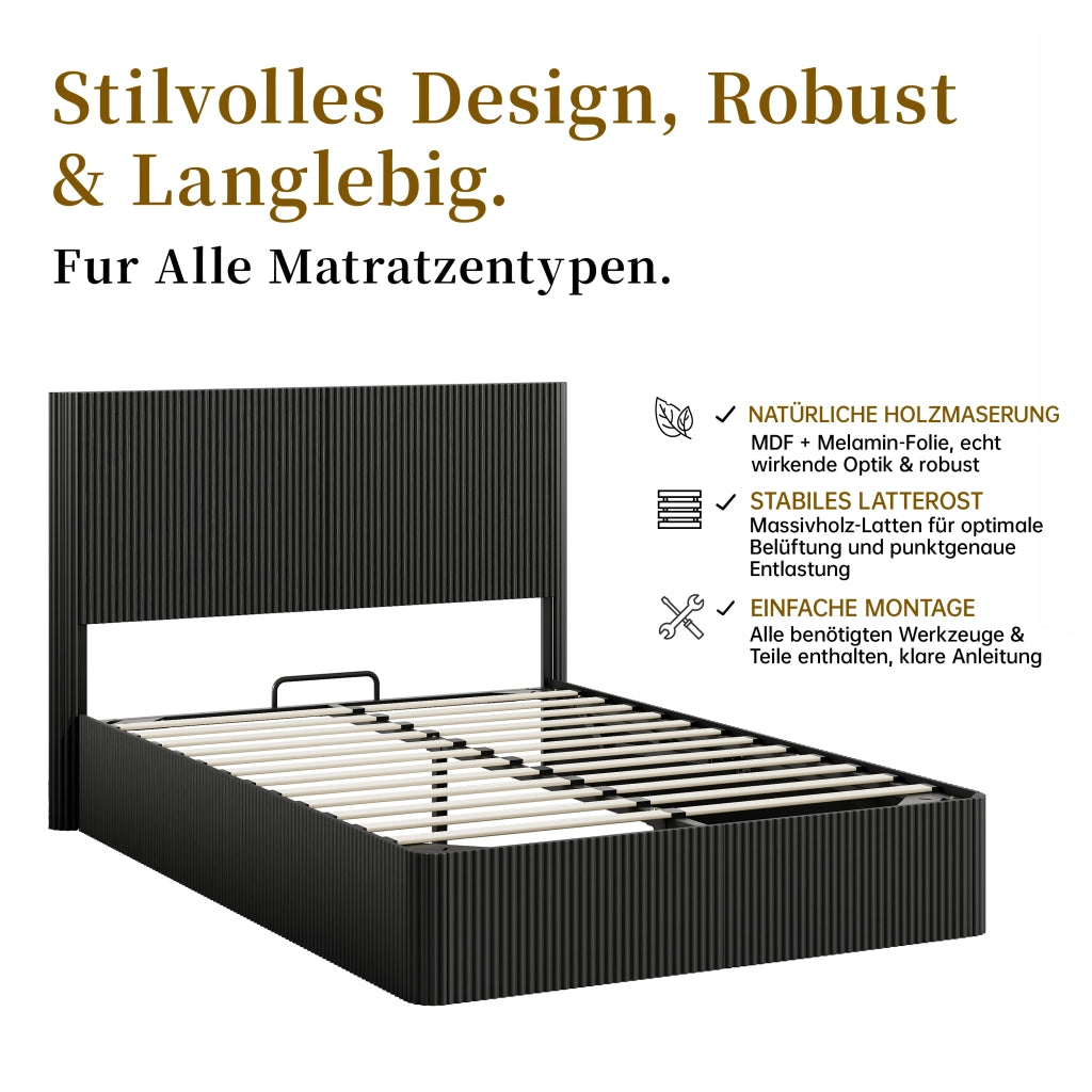 Letto con contenitore 140 × 200 cm con sollevamento idraulico struttura in acciaio doghe in legno nero