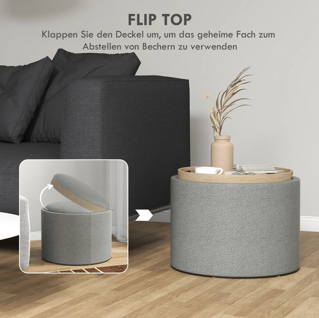 Pouf rotondo con contenitore e coperchio ribaltabile in tessuto effetto lino grigio Ø56 x 42 cm