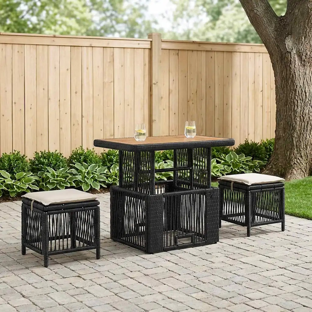 Set da Pranzo per Giardino 3 pz | Set Salotto da Giardino Nero e Crema polyrattan
