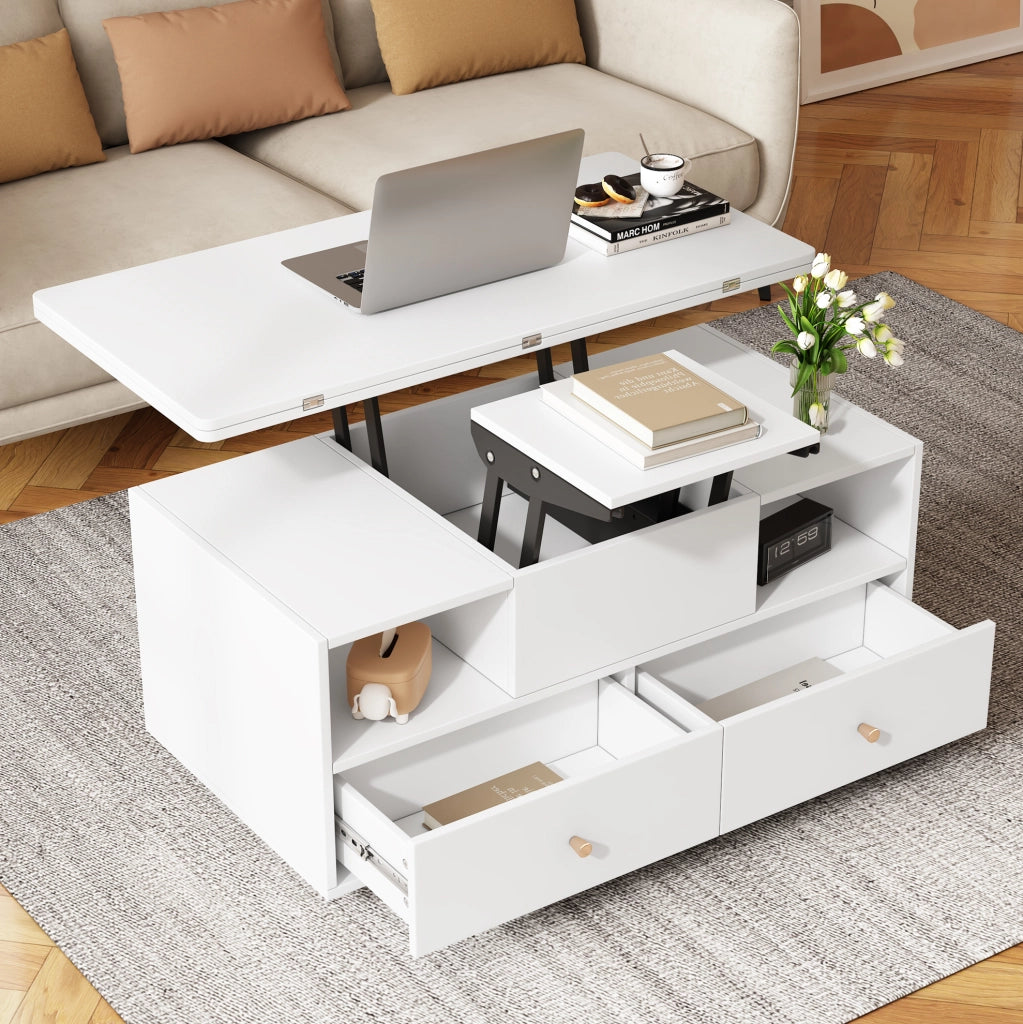 Tavolino da caffè sollevabile e pieghevole 100 x 50 x 47;5 cm in MDF bianco