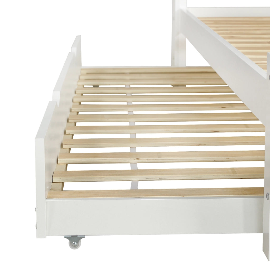 Letto Matrimoniale Bianco in Legno di Pino e MDF con Letto Estraibile 90x190cm e Striscia LED, 120x200cm