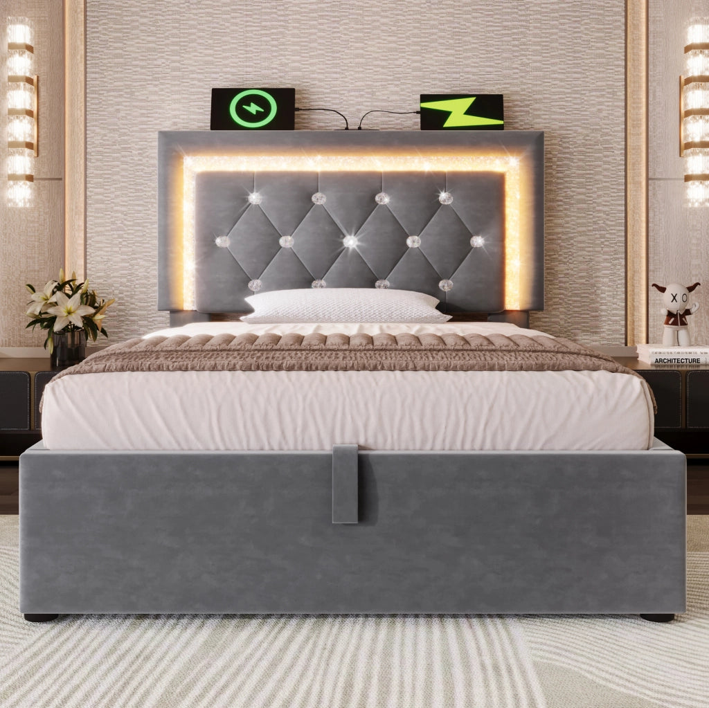 Letto imbottito in velluto 90x200 cm con LED, USB e contenitore