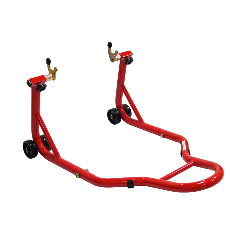 Cavalletto alzamoto anteriore e posteriore in acciaio rosso con forche regolabili portata 200 kg per moto