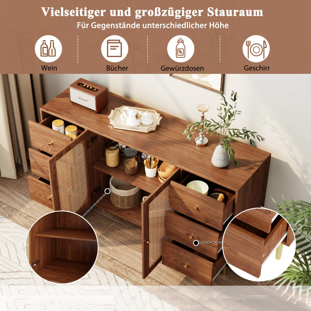 Madia per soggiorno con sei cassetti e due ante in MDF con porte in rattan color legno 160 × 40 × 90 cm
