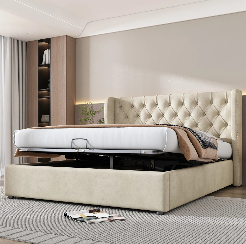Letto contenitore imbottito Chesterfield 160x200 in velluto beige con rete a doghe