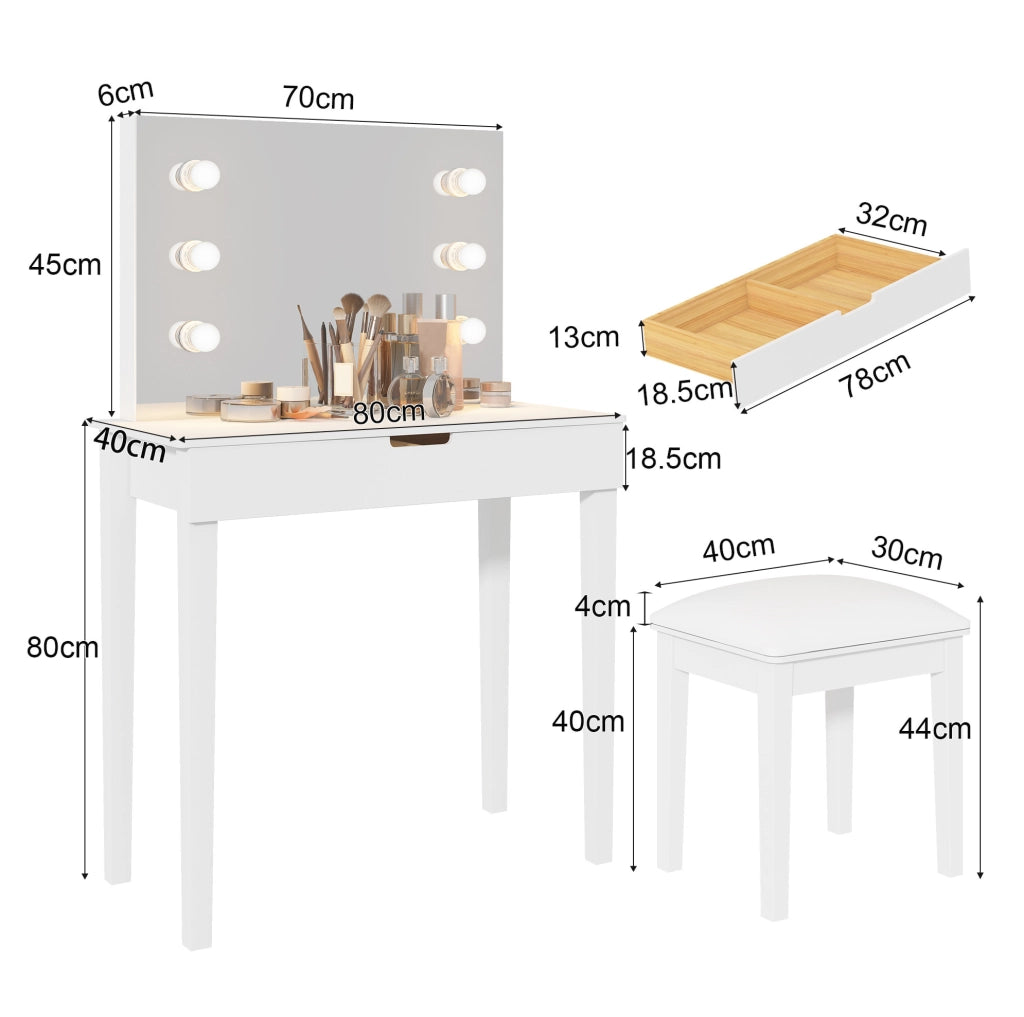 Toeletta bianca con specchio LED; 2 cassetti; sgabello; presa USB e Type-C