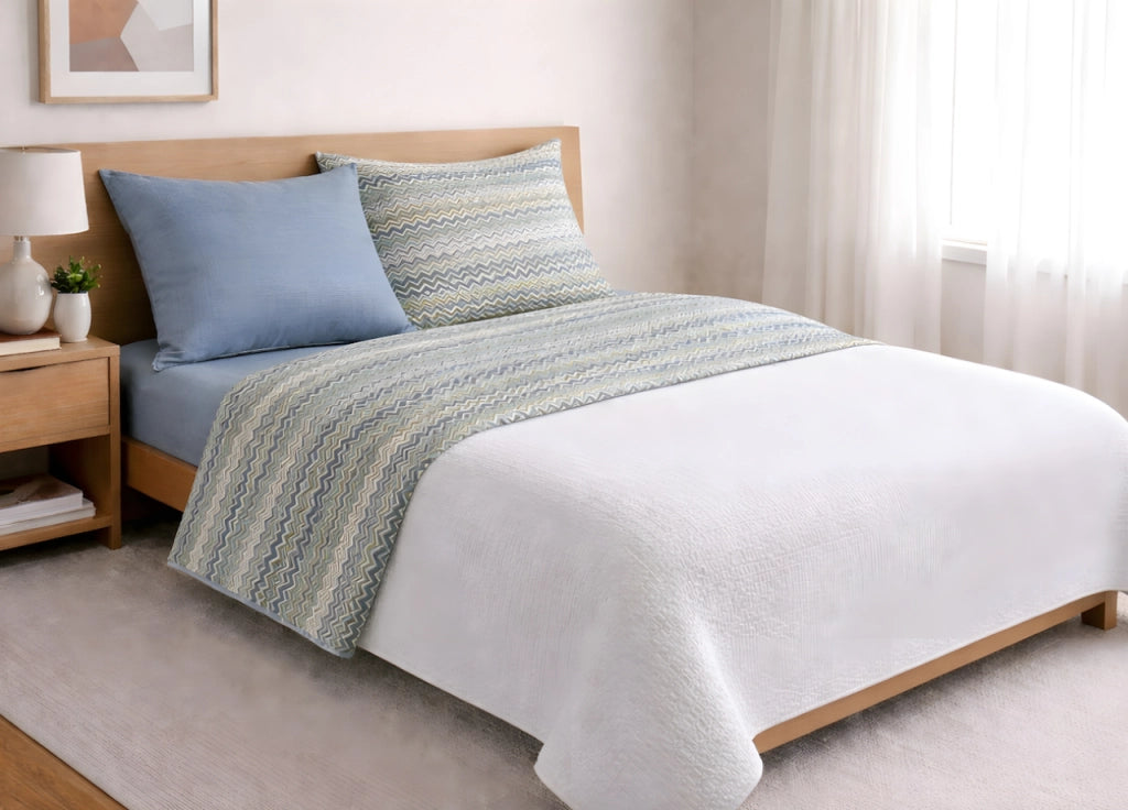 Completo Lenzuola Letto In 100% Cotone Rigato Zig Zag Disegno Baia - 1 Piazza e Mezza - Verde