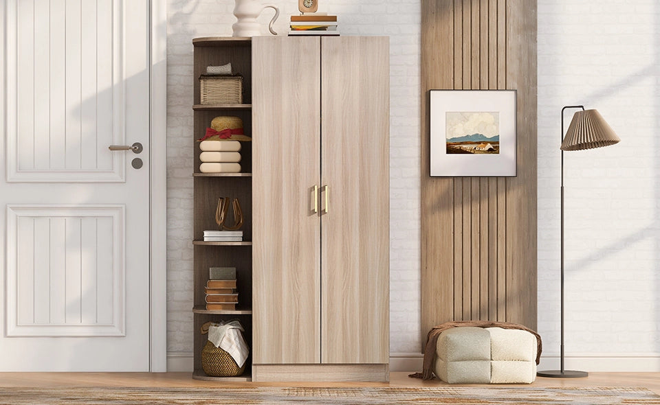 Guardaroba 90 x 55 x 170 cm con doppia anta, ripiani multipli e ampia barra appendiabiti, finitura effetto legno naturale