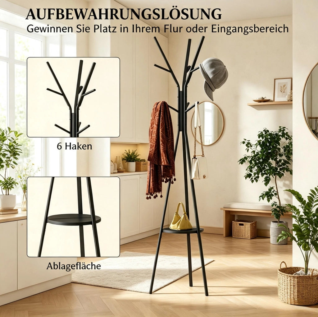 Appendiabiti moderno da terra in metallo e MDF nero con 9 ganci e ripiano, 45x45x180 cm