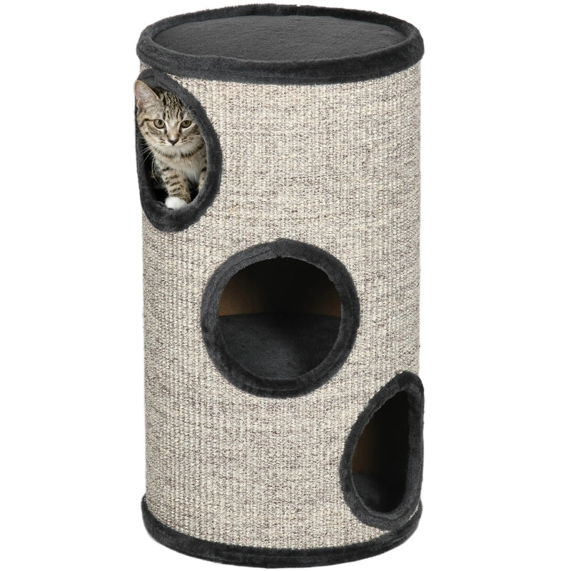 Tiragraffi a torre per gatti con 3 livelli rivestimento in corda di sisal e peluche grigio chiaro Ø 38 × 70 cm