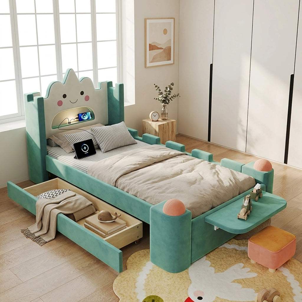 Letto per bambini 90 × 200 cm con lampada LED, USB, cassetto e mensola pieghevole, senza materasso, blu verde