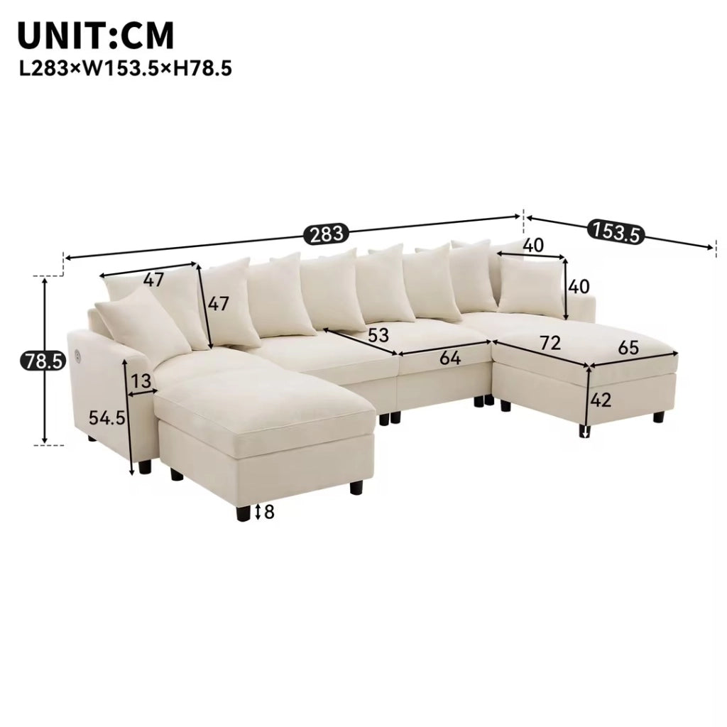 Divano angolare modulare 6 posti a U/L con USB e USB-C in ciniglia beige