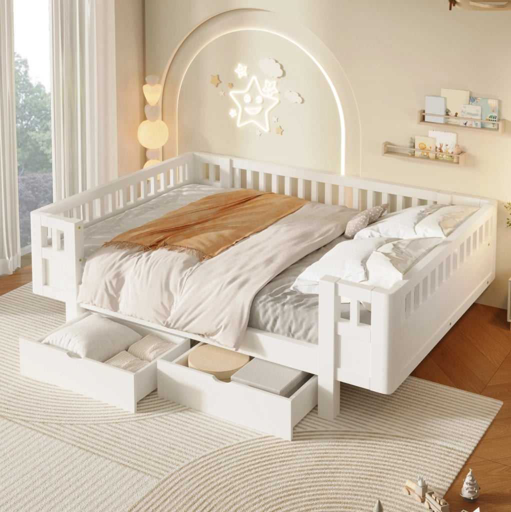 Letto piattaforma 140x200 cm bianco con sponda alta di protezione e due ampi cassetti