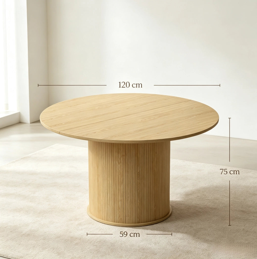 Tavolo da pranzo rotondo Ø 120 cm in finitura legno naturale con base cilindrica scanalata