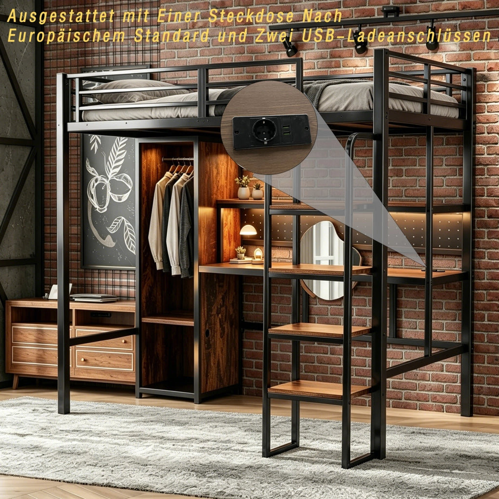 Letto a soppalco 90 × 200 cm con scrivania armadio ripiano LED multicolore in metallo e MDF nero portata 120 kg