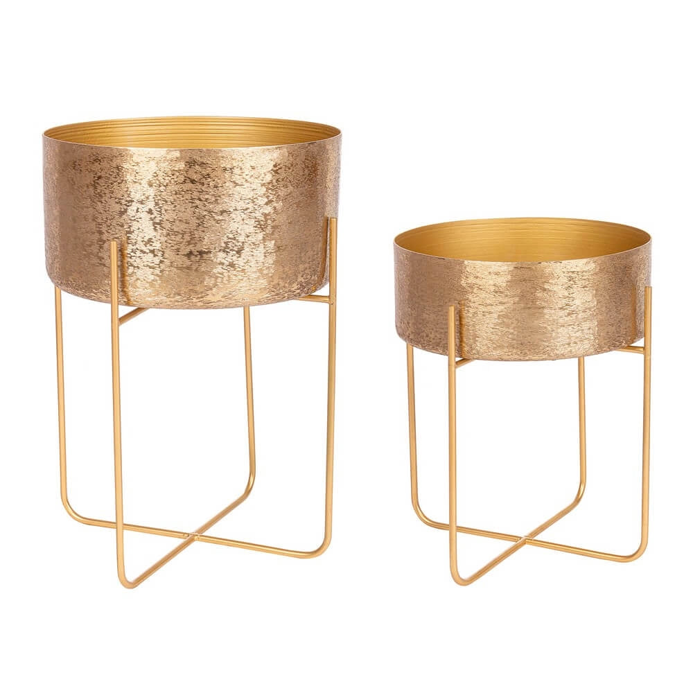 Set di 2 porta vaso in alluminio dorato con supporto in metallo - ROMAN