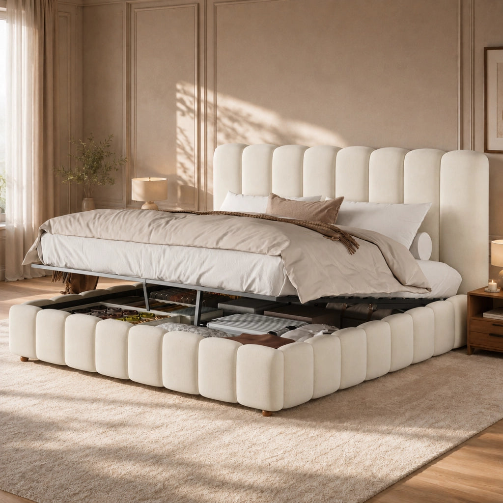 Letto contenitore 160x200 cm; matrimoniale con ampio contenitore; rete a doghe; testiera capitonné; velluto; beige