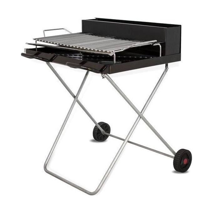 MILLE Barbecue Veneto 75x65 h 90 in lamiera acciaio 2 mm verniciato a forno 200° con griglia cromata canalette portalegna 74x20 cm ruote e gambe richiudibili colore Nero