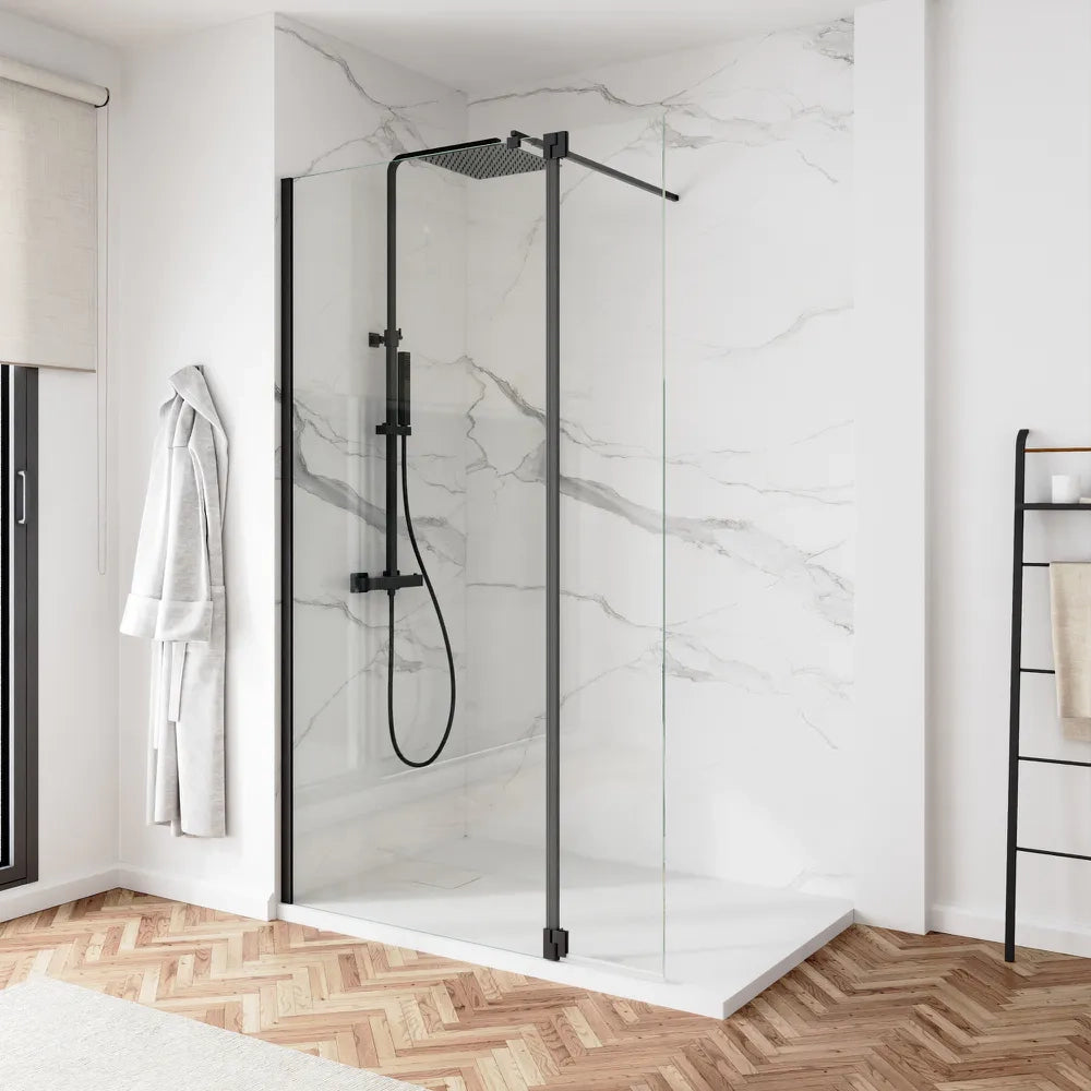 Doccia walk-in 70cm + anta 40cm vetro 8mm trasparente profili neri | Keros