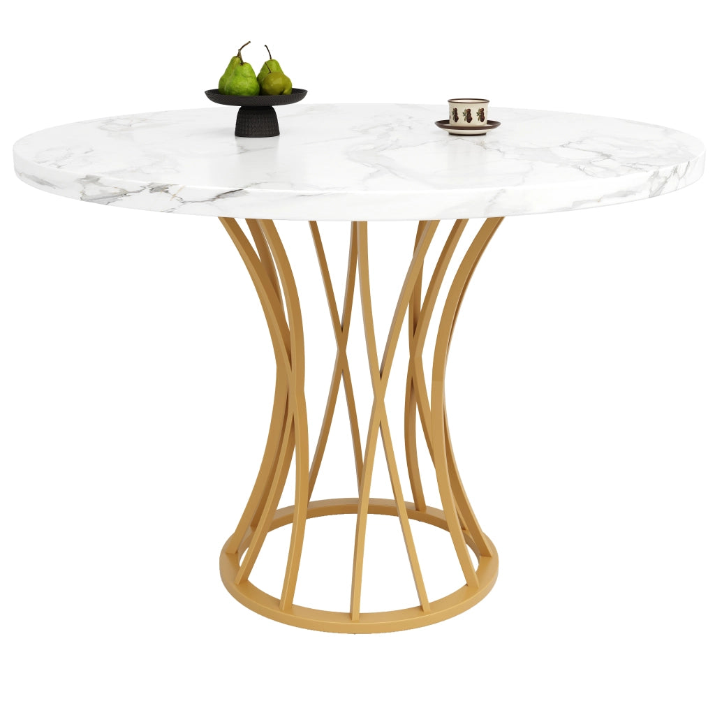 Tavolo da pranzo rotondo con piedini regolabili; piano effetto marmo; in MDF e metallo; 80 x 80 x 76 cm; oro