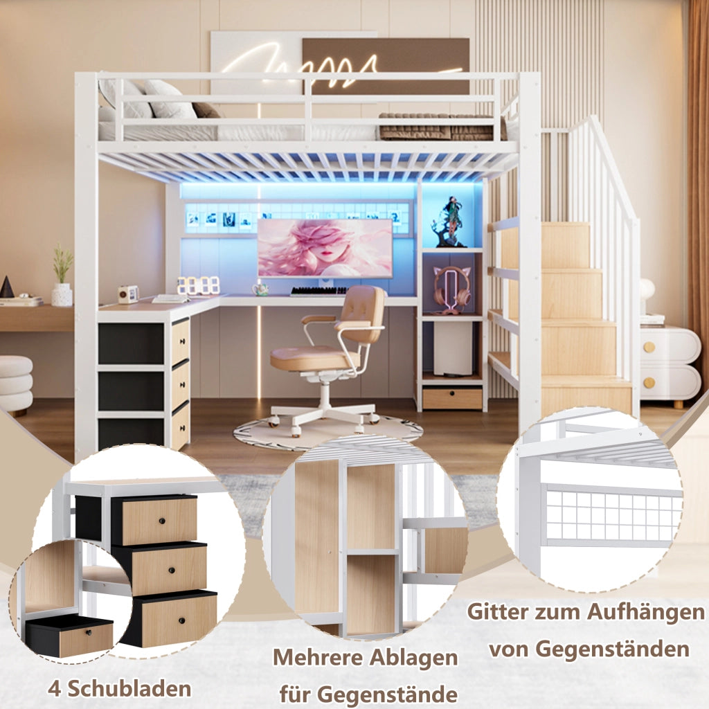 Letto a soppalco 140 × 200 cm con scrivania; 4 cassetti; scala contenitore; LED controllabile tramite app bianco