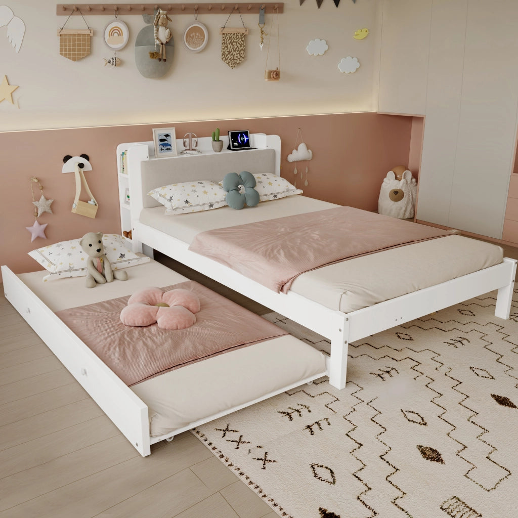 Divano letto 120 x 200 cm con LED e contenitori, letto estraibile in legno bianco con funzione estensibile, testiera e struttura salvaspazio