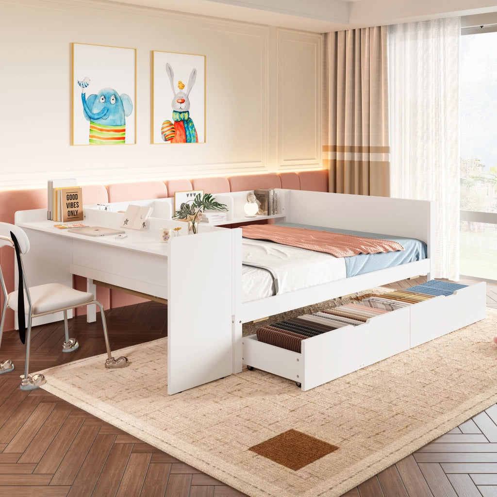 Letto con cassetti 140 × 200 cm con scrivania; 2 cassetti e 3 ripiani in legno di pino bianco senza materasso