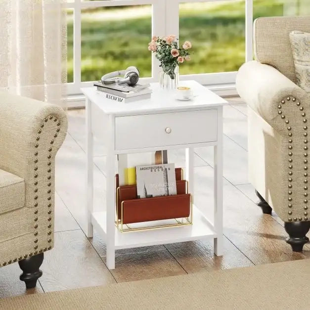 Wooden Bedside Table with Drawer Sofa Table with Open Shelf Mid-Century Style Multifunctional Side Table White