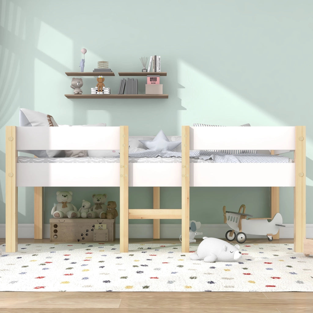 Letto singolo per bambini 90x190 cm con sponda anticaduta; struttura in pino massello; bianco e rovere