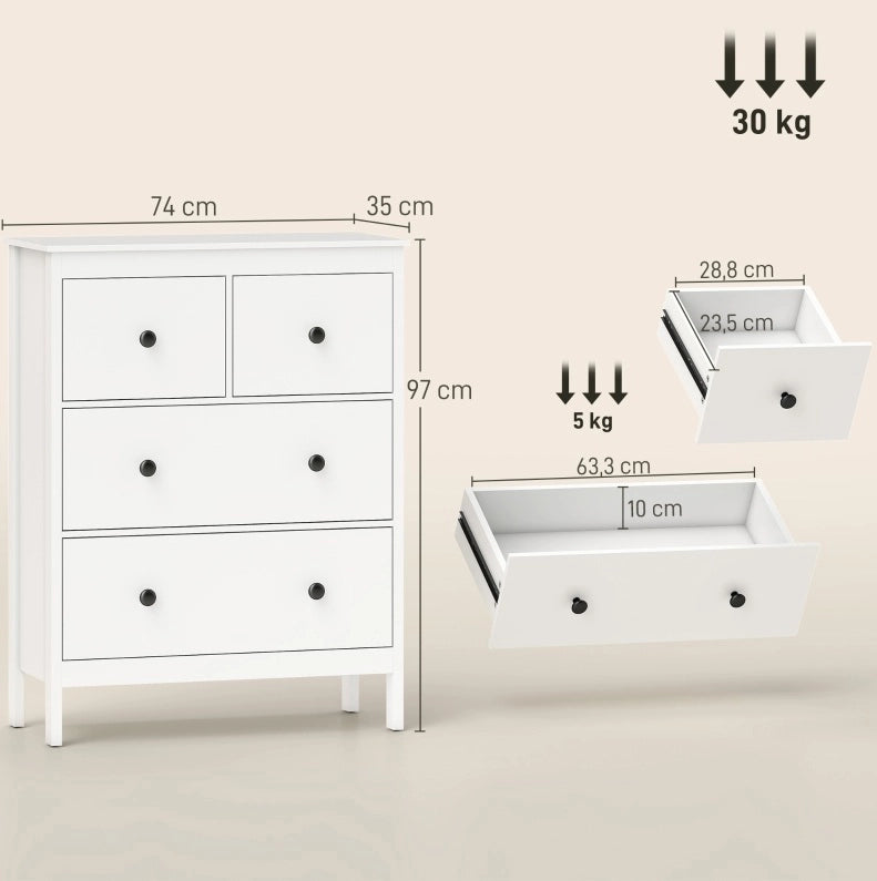 Cassettiera 74x35x97 cm a 4 cassetti in truciolare bianco con maniglie nere