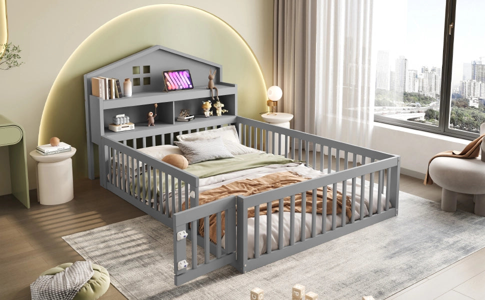 Letto per bambini a pavimento 140 × 200 cm con lavagna ripiani protezione porta e rete a doghe grigio