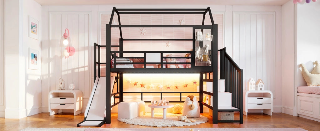 Letto a soppalco per bambini 140 × 200 cm con scivolo scala LED Bluetooth in MDF e metallo nero
