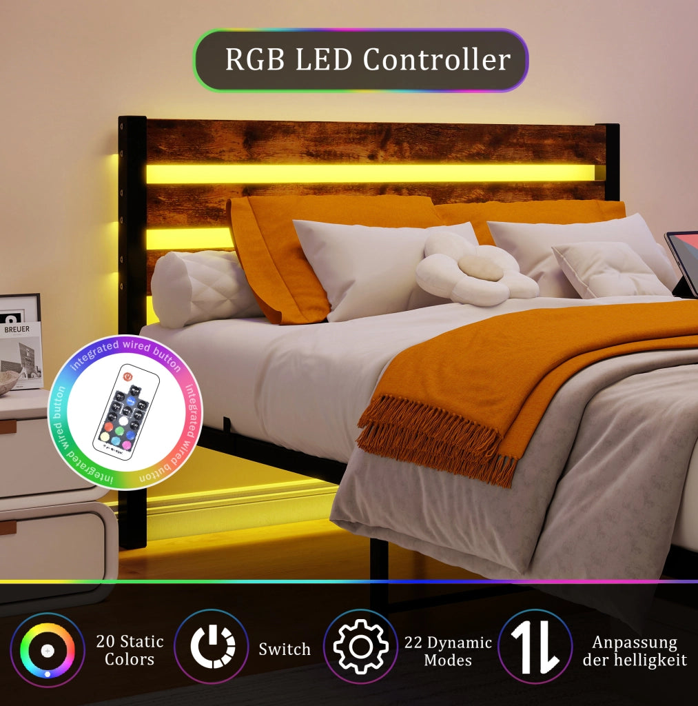 Letto con struttura in metallo 140x200 cm con testiera in legno, illuminazione LED RGB, porta USB e spazio contenitivo sottostante