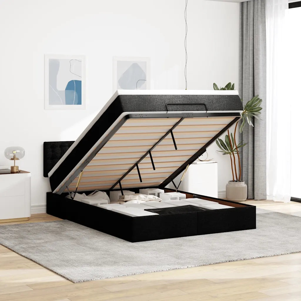Pouf Letto con Materasso Nero 140x200 cm in Tessuto