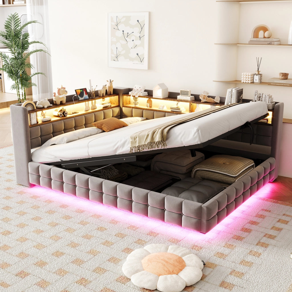 Divano letto imbottito multifunzione 140 x 200 cm con contenitore idraulico, mensola in legno, striscia LED, USB e Type-C - Velluto grigio chiaro