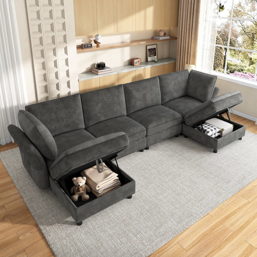 Divano modulare U 6 posti - con pouf contenitore e braccioli ergonomici - in chenille grigio