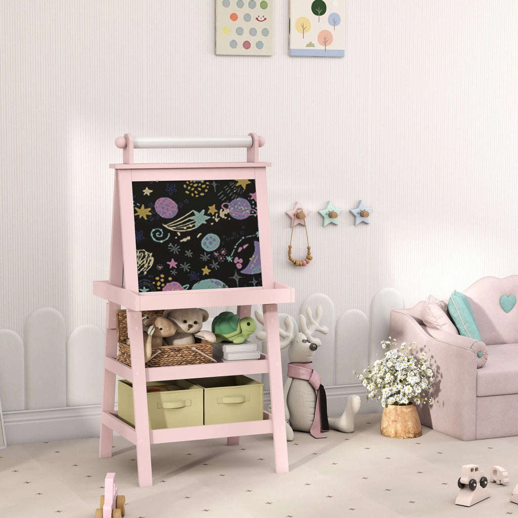 Lavagna per Bambini con Cavalletto 3 in 1 in Legno Rosa con Rotolo Carta e 2 Contenitori Multiuso 59x48x118 cm