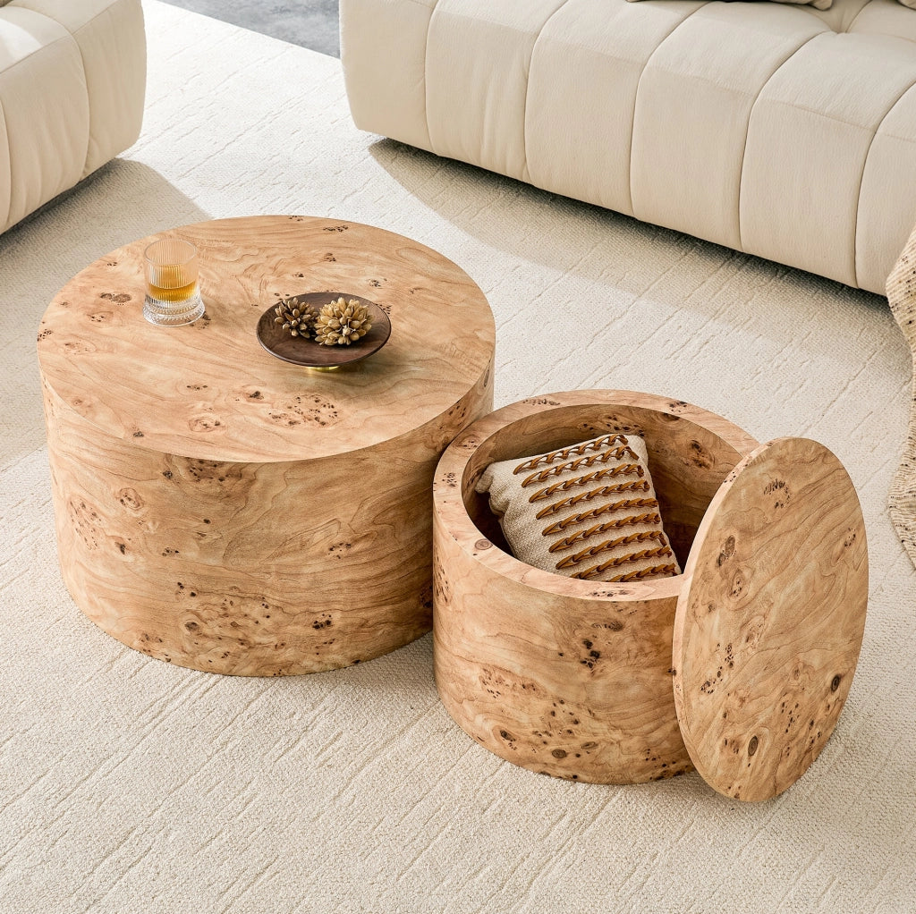 Set di 2 tavolini rotondi da caffè con vano interno in MDF effetto legno