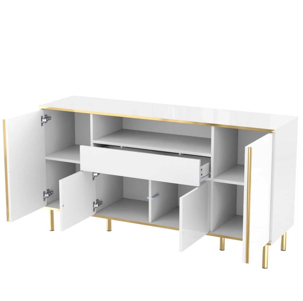 Credenza bianca lucida 150 cm con LED, 4 ante e cassetto