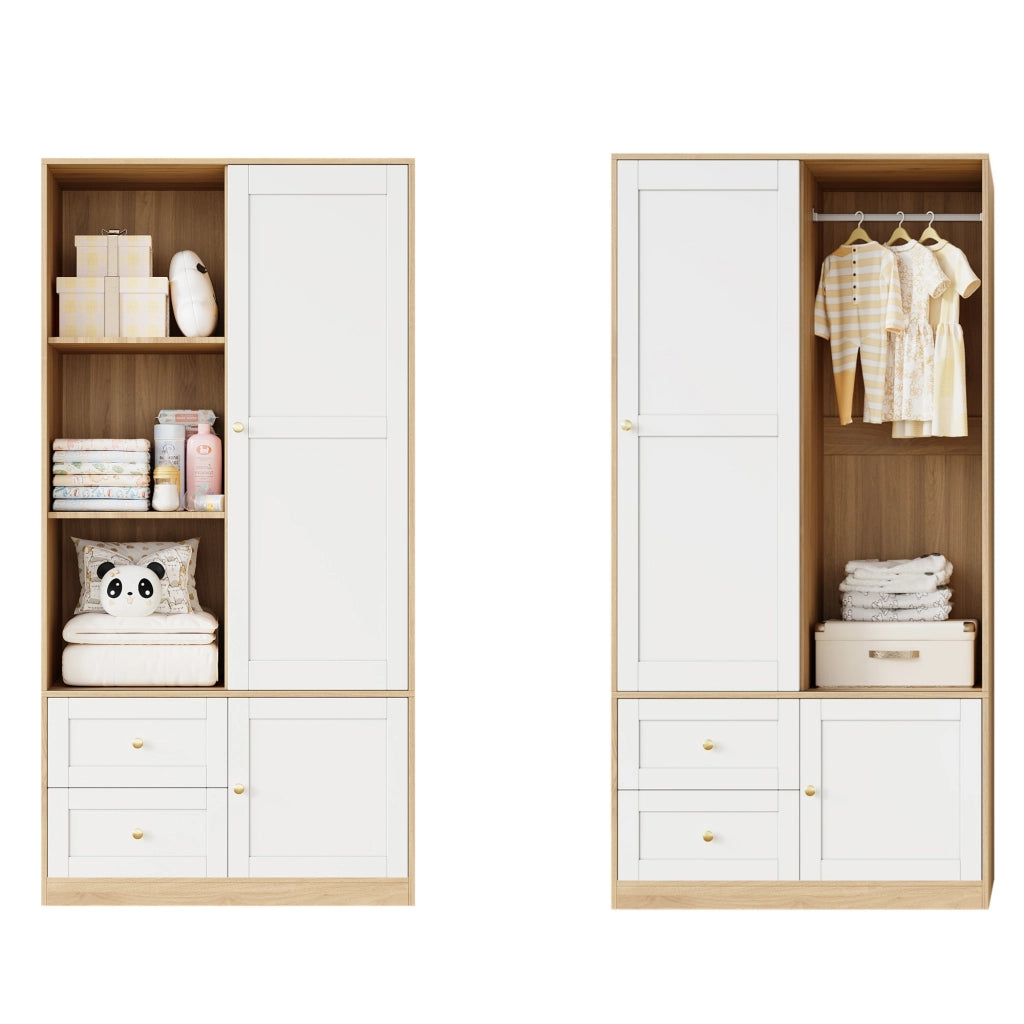 Armadio con porta scorrevole; 2 cassetti e ripiani; in MDF; bianco e legno; per camera da letto; 90×50×180 cm