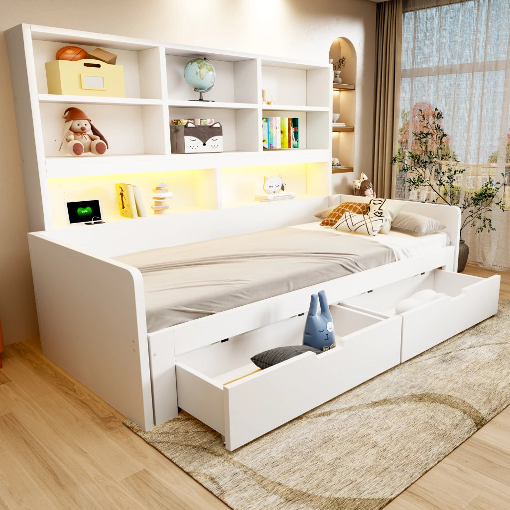 Letto divano estraibile 90×200 e 180×200 cm, 1-2 posti con 2 cassetti, LED e prese, senza materasso, MDF bianco