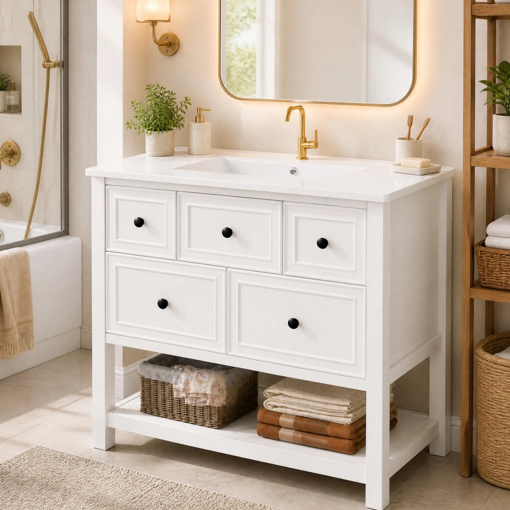 Mobiletto con lavabo a terra in ceramica e MDF con 5 cassetti vani aperti e troppo pieno bianco 76 × 46.5 × 82 cm