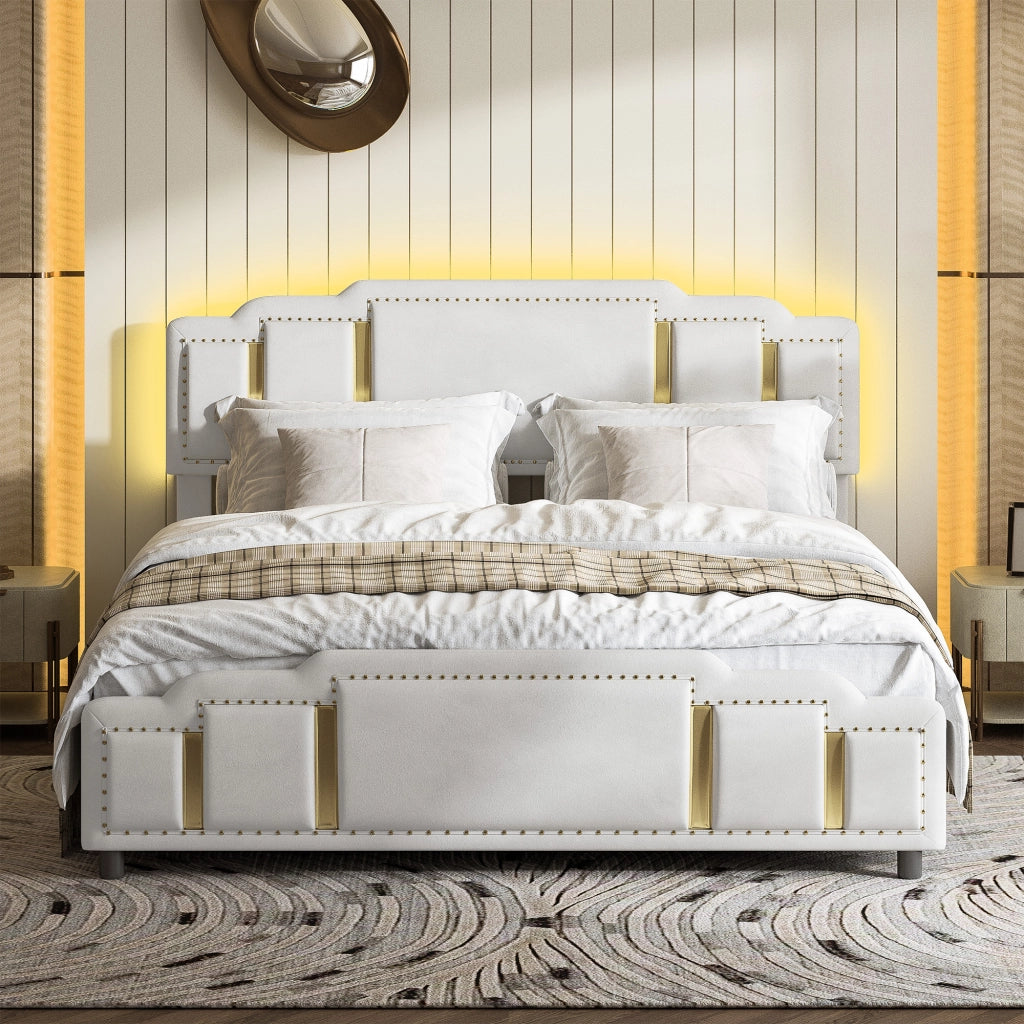 Letto con cassetti 160 × 200 cm in velluto beige con LED a 7 colori e finiture decorative in acciaio inox