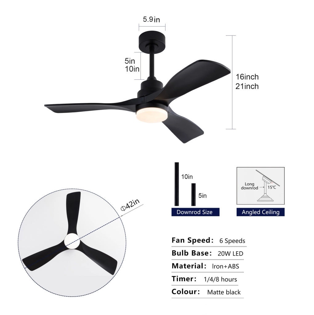 Ventilatore da soffitto 42 pollici con luce LED; telecomando; 3 pale; nero